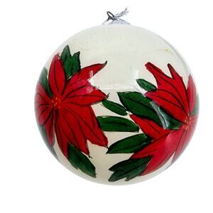 Vintage Handpainted Poinsettia Glass Ball Christmas Tree Ornament